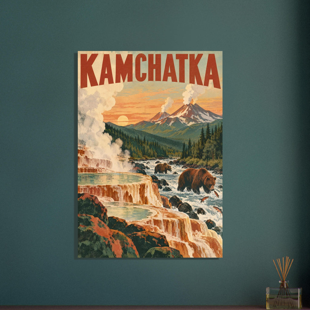 Kamchatka travel illustration with bears in river rapids, steaming terraced pools, forest and smoking volcanoes at sunset.
