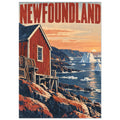 Newfoundland lettering above a red waterfront building, rocky shore and blue sea with icebergs beneath a peach sky.