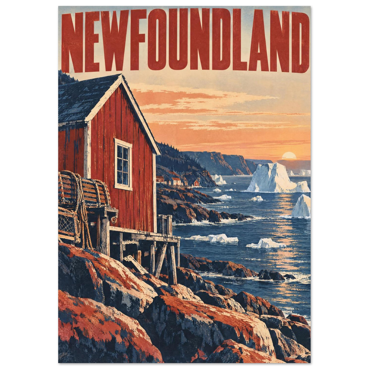 Newfoundland lettering above a red waterfront building, rocky shore and blue sea with icebergs beneath a peach sky.