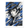 Manga-style portrait with windswept dark hair and a high collar, crossed by blue, black and off-white torn-paper bands.
