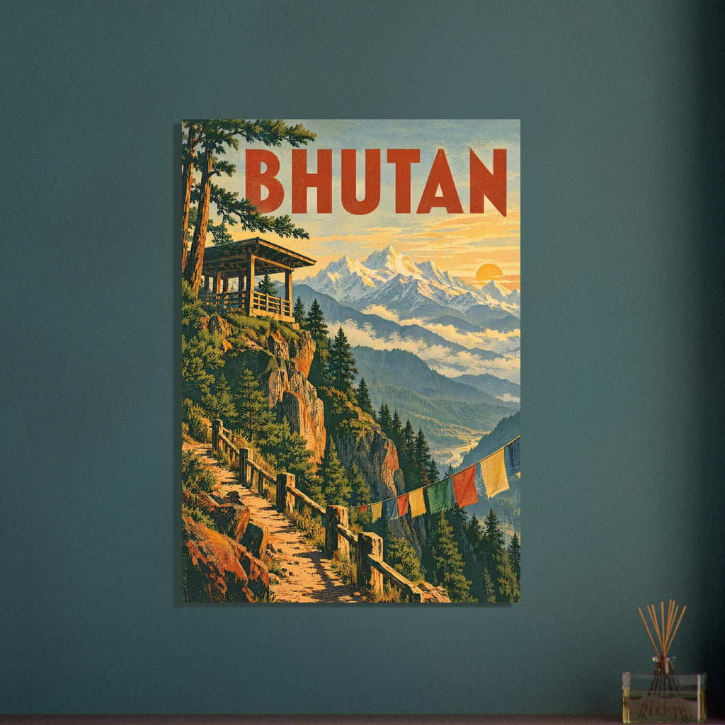Bhutan travel poster with snowy mountains, pine cliffs, a wooden pavilion, colourful flags and bold red lettering.