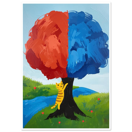 Yellow striped cat clinging to a tree with red-orange and blue foliage beside a winding river and green grass.