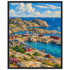 Rocky harbour with red cabins, wooden jetties and sailboats on blue water beneath cream clouds, with flowers in front.