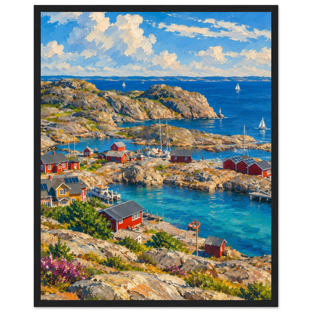 Rocky harbour with red cabins, wooden jetties and sailboats on blue water beneath cream clouds, with flowers in front.