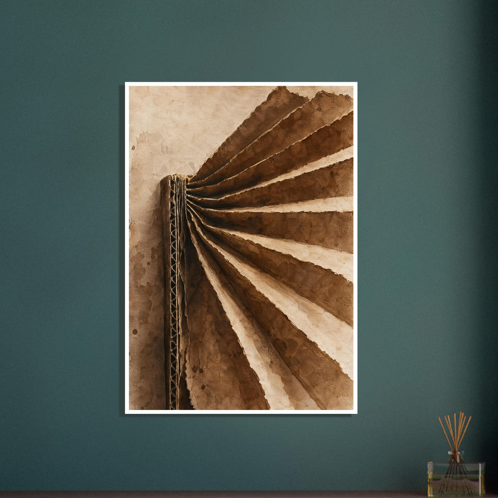 Folded brown cardboard fans out from a vertical corrugated edge, with ragged cream edges and deep shadows.