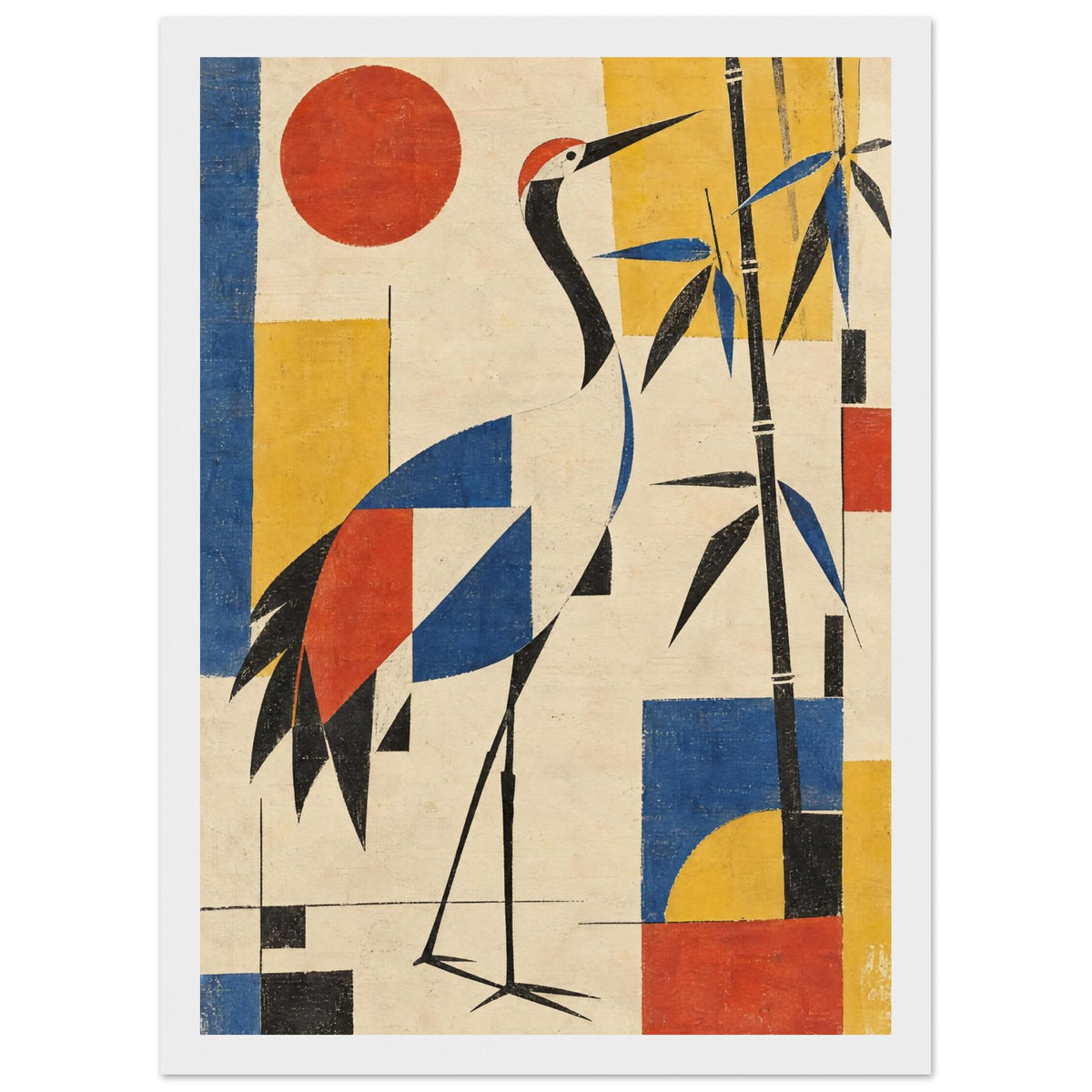 Stylised crane beside bamboo with red, blue and yellow geometric blocks on a textured cream background.