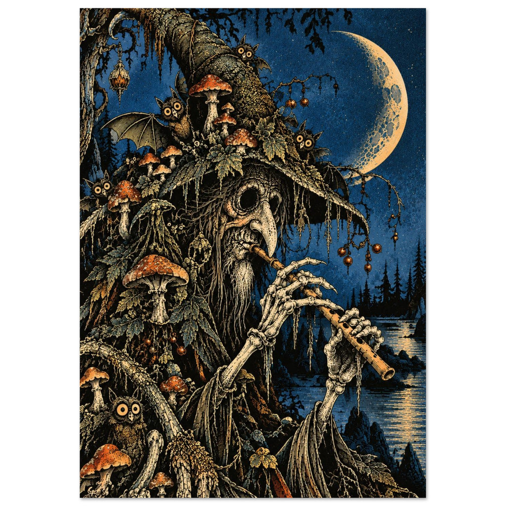 Skeletal, beaked musician in a mushroom-covered pointed hat plays a wind instrument beneath a crescent moon.