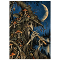 Skeletal, beaked musician in a mushroom-covered pointed hat plays a wind instrument beneath a crescent moon.