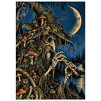 Skeletal, beaked musician in a mushroom-covered pointed hat plays a wind instrument beneath a crescent moon.
