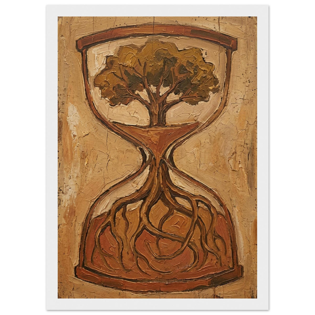 Tree inside an hourglass, with roots spreading into the lower chamber, painted in ochre, brown and sandy beige.