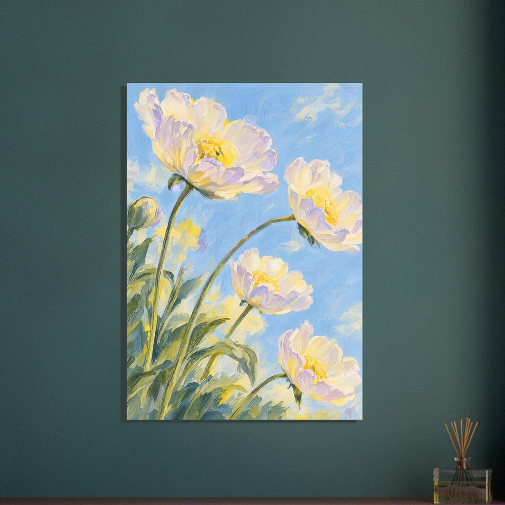 Cream flowers with lilac shadows and yellow centres on curved green stems against a painterly light blue background.