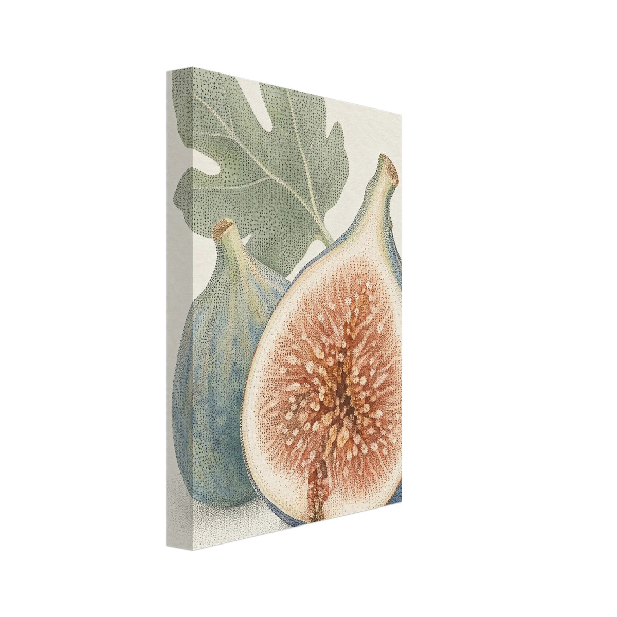 Halved fig with rust-coloured flesh beside a whole blue-green fig, beneath a green leaf on a cream background.