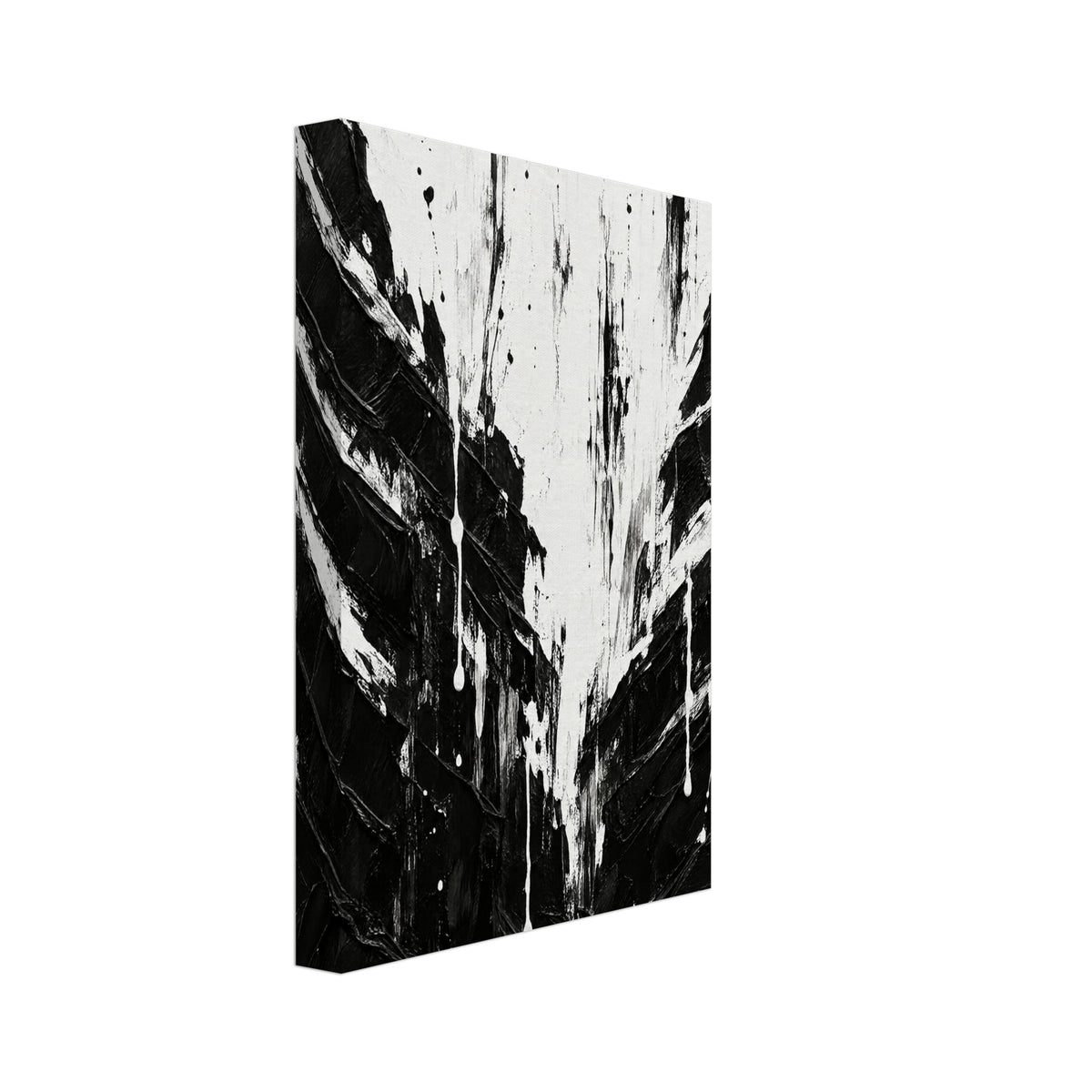 Black and white abstract herringbone pattern with thick diagonal brushstrokes, vertical streaks and paint drips.