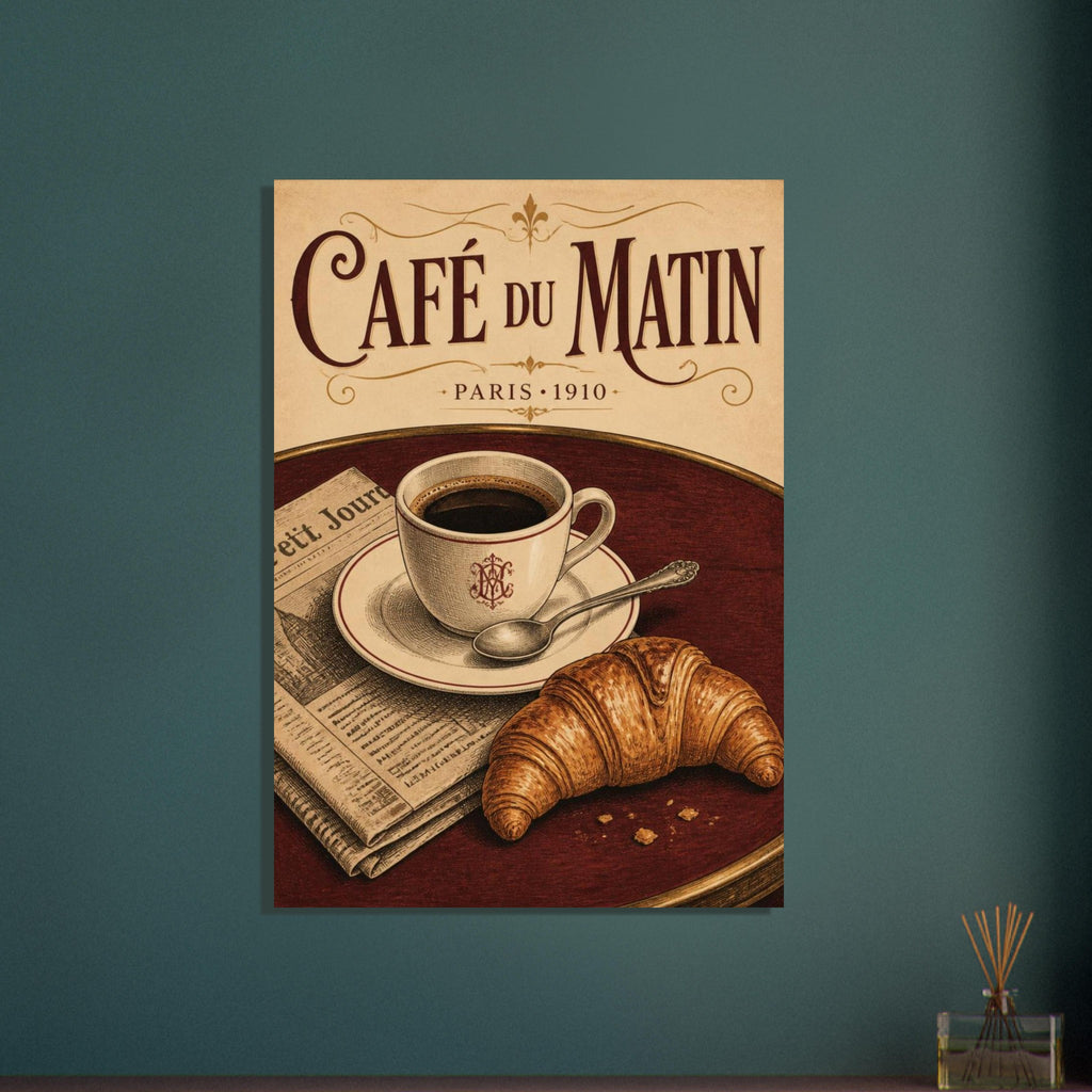 Coffee cup, croissant, spoon and newspaper on a burgundy table beneath decorative Café du Matin and Paris 1910 lettering.