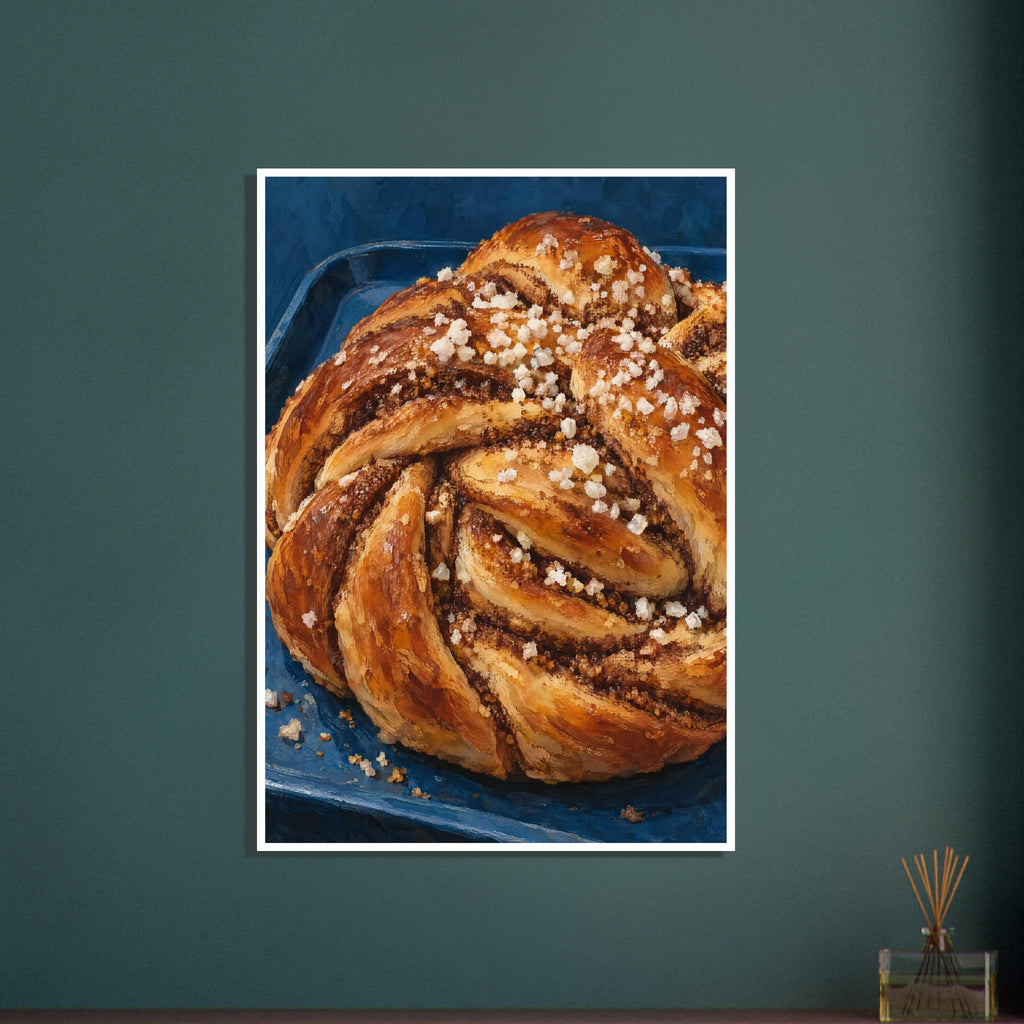 Twisted golden brown cinnamon bun topped with coarse white sugar on a deep blue tray, rendered with textured brushwork.