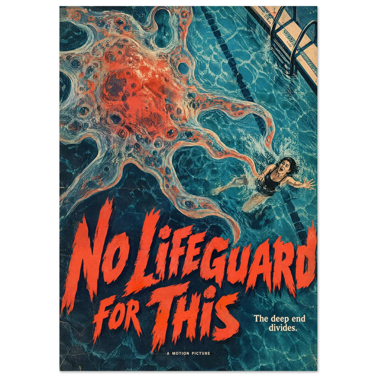 Swimming Pool Monster Retro Horror – illustration wall art print by Printavelle – close-up