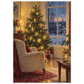 Christmas Eve by the Window shows a glowing tree and empty armchair beside a tall window, painted with thick contours and sma