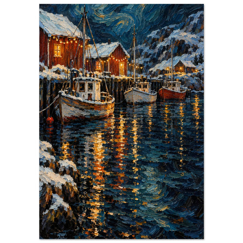 Christmas Eve Harbour shows three moored boats and snowy sheds beneath warm bulbs, with thick orange reflections across petro