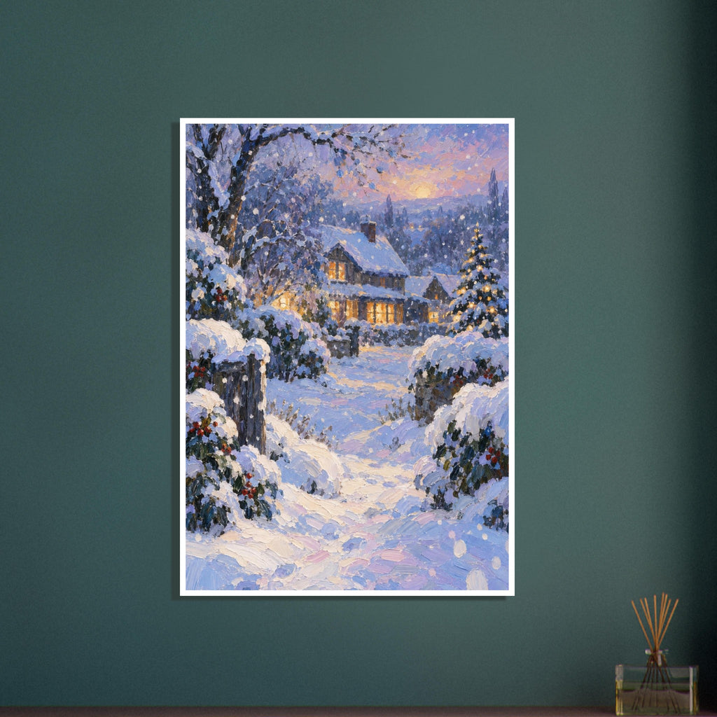 Snowy cottage with glowing windows, a winding path, snow-laden trees and falling flakes beneath a pink and blue sky.