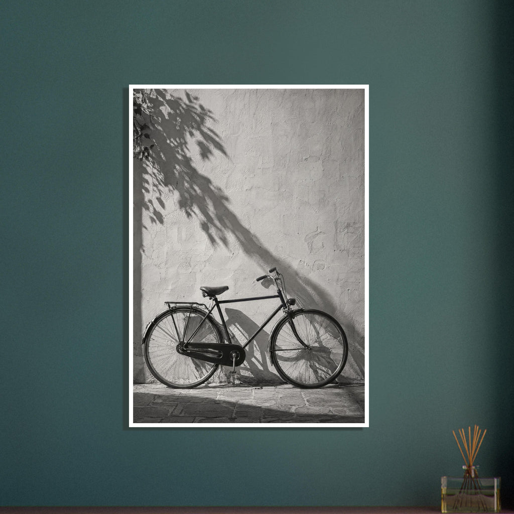 Bicycle leaning against a textured wall with long leafy shadows above and stone paving below, in black and white.