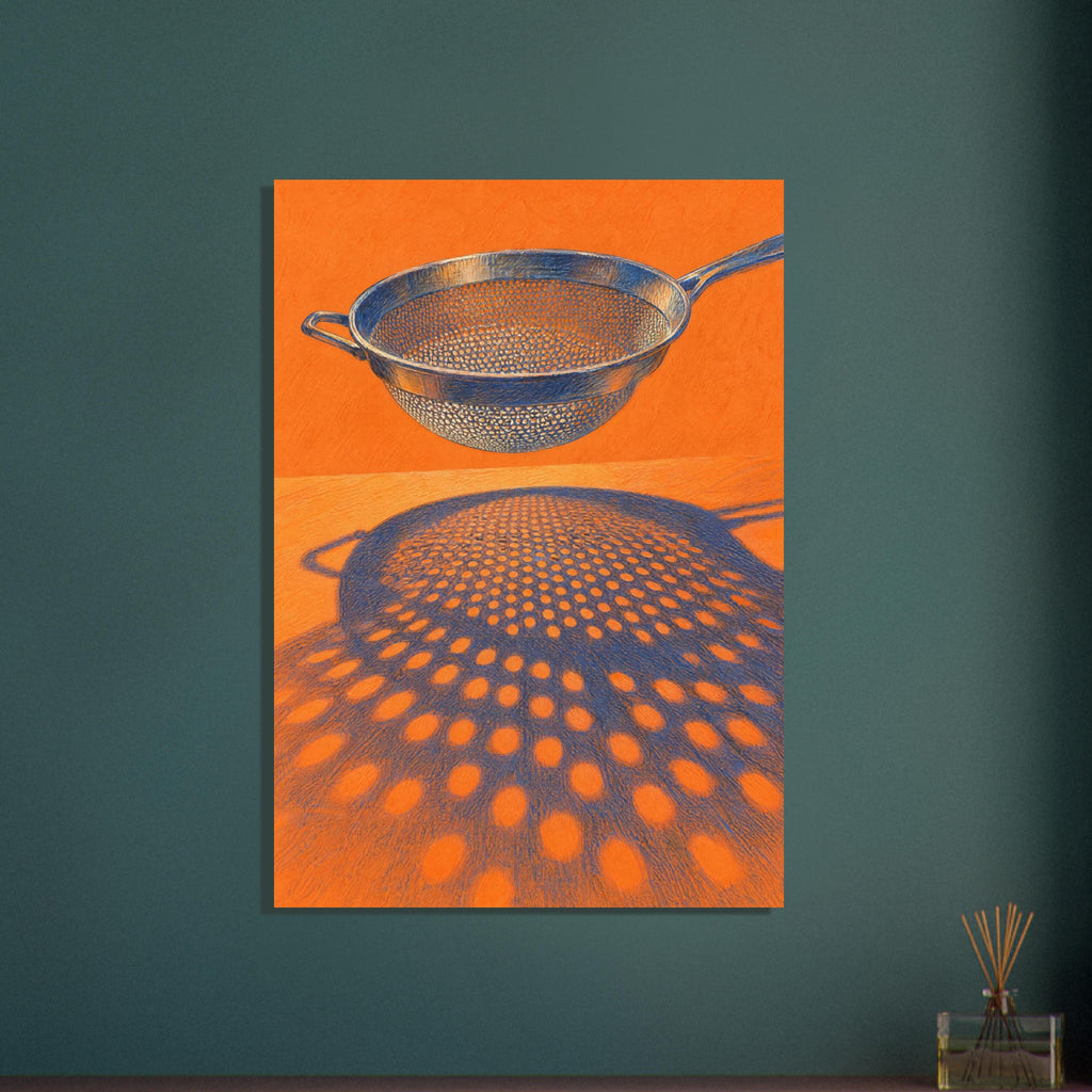 Blue kitchen sieve against an orange background, casting a large perforated shadow across the surface below.