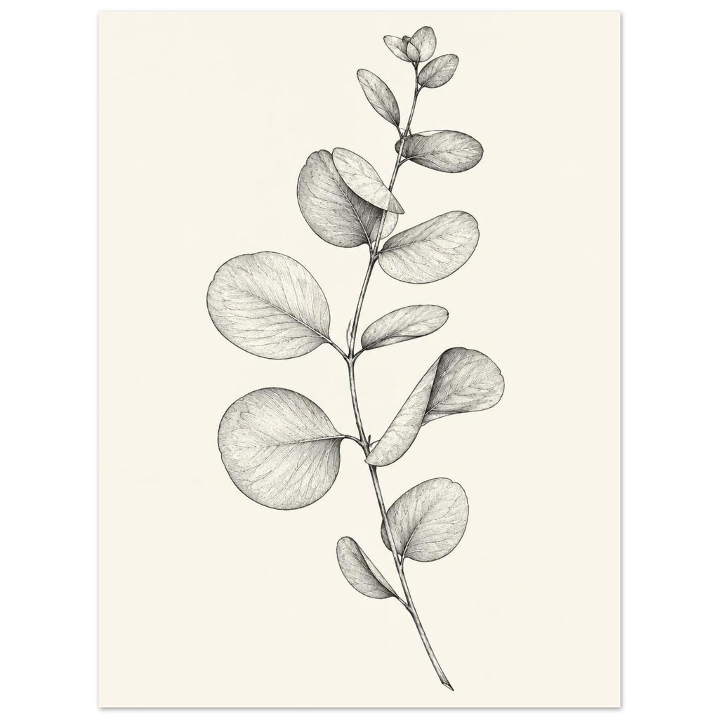 Eucalyptus stem with rounded leaves, fine veins and shaded folds drawn in black and grey on a cream background.