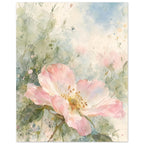 Open pink wild rose with a golden centre and green leaves against loose pale blue, sage and cream watercolour washes.