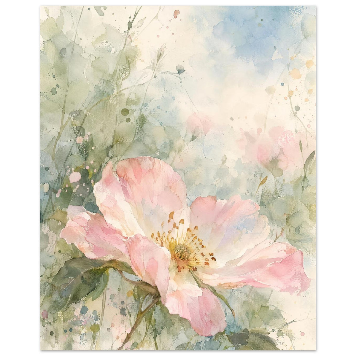 Open pink wild rose with a golden centre and green leaves against loose pale blue, sage and cream watercolour washes.