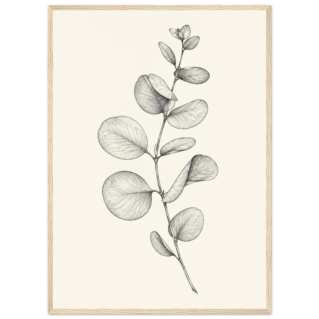 Eucalyptus stem with rounded, overlapping leaves drawn in fine black and grey lines on a plain cream background.