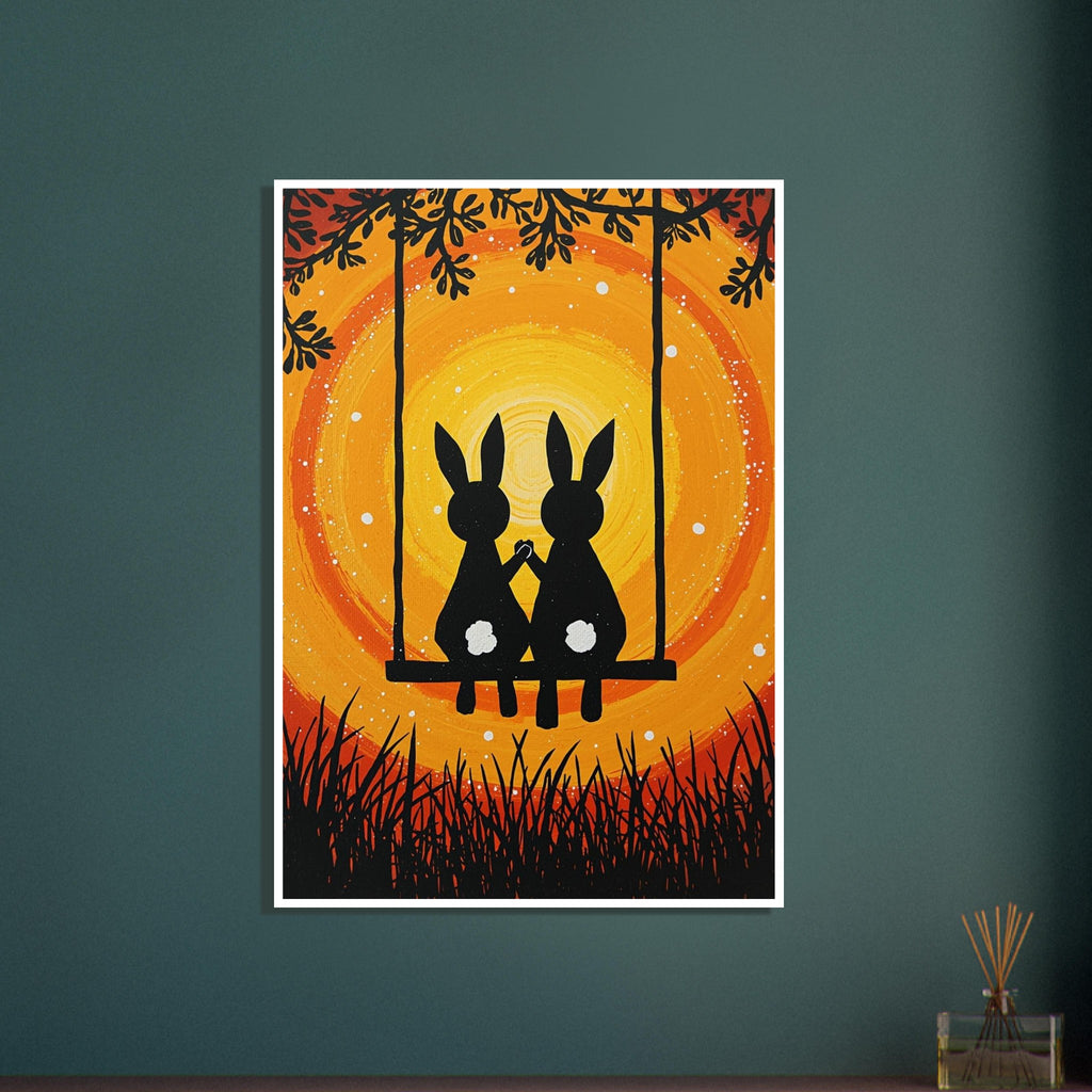 Two black rabbits with white tails hold paws on a swing, surrounded by branches and grass against yellow and orange swirls.