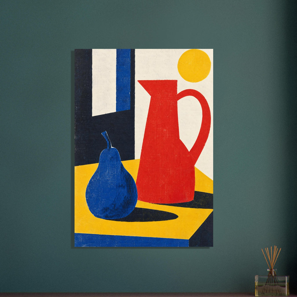 Blue pear and tall red jug on a yellow table, with dark shadows, a cream background and a yellow circle above.