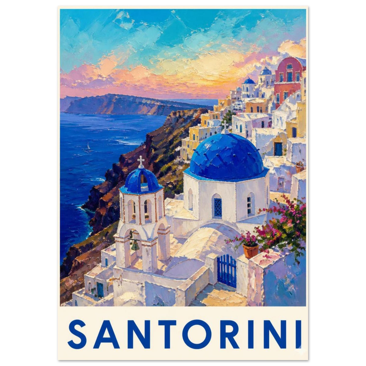 Santorini's blue-domed buildings and bell tower above a blue sea at sunset, with bold blue lettering on a cream border.