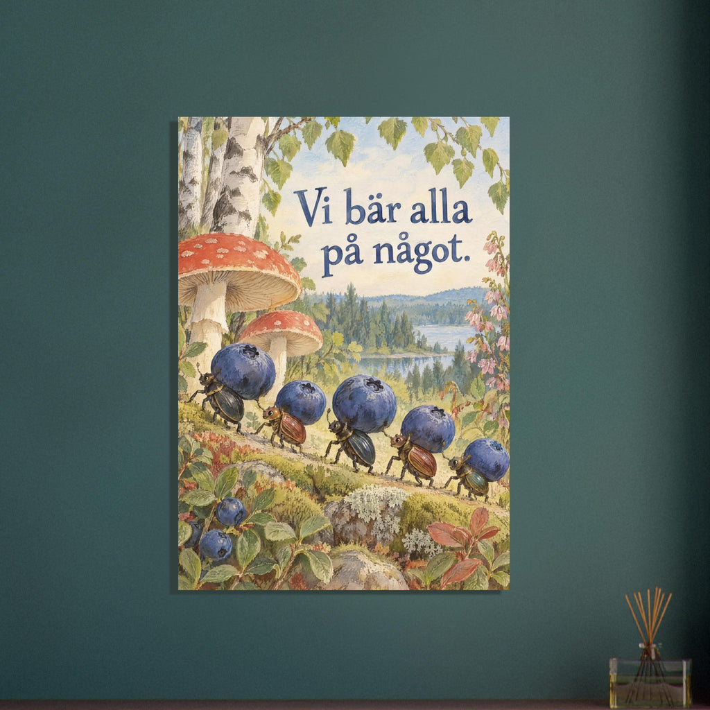 Små vänliga skalbaggar bär blåbär under runda svampar med texten Vi bär alla på något.