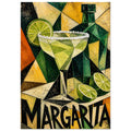 Margarita glass with a salt rim, limes and a green bottle in angular green and yellow shapes above ‘MARGARITA’ lettering.