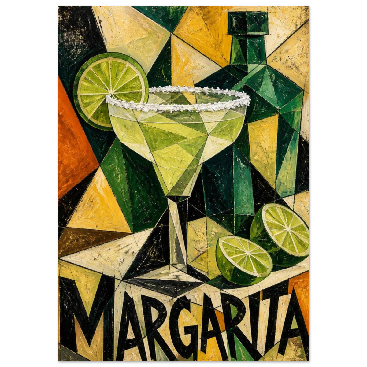 Margarita glass with a salt rim, limes and a green bottle in angular green and yellow shapes above ‘MARGARITA’ lettering.