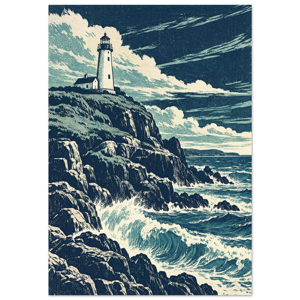 Lighthouse on rugged cliffs above breaking blue waves, beneath sweeping cream clouds in a textured navy sky.