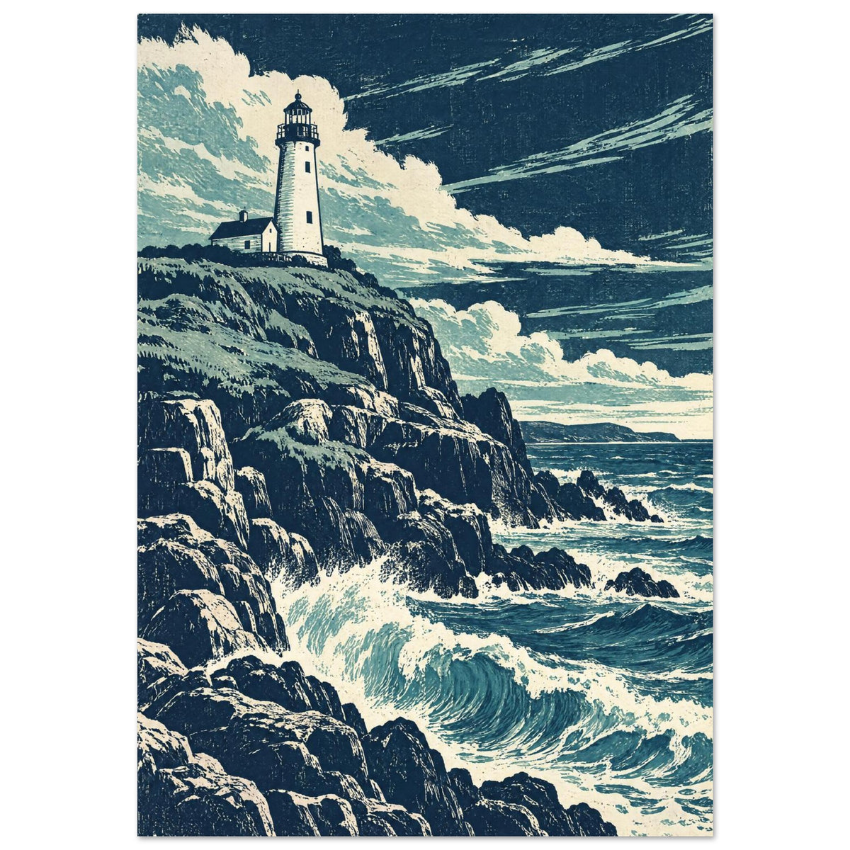Lighthouse on rugged cliffs above breaking blue waves, beneath sweeping cream clouds in a textured navy sky.