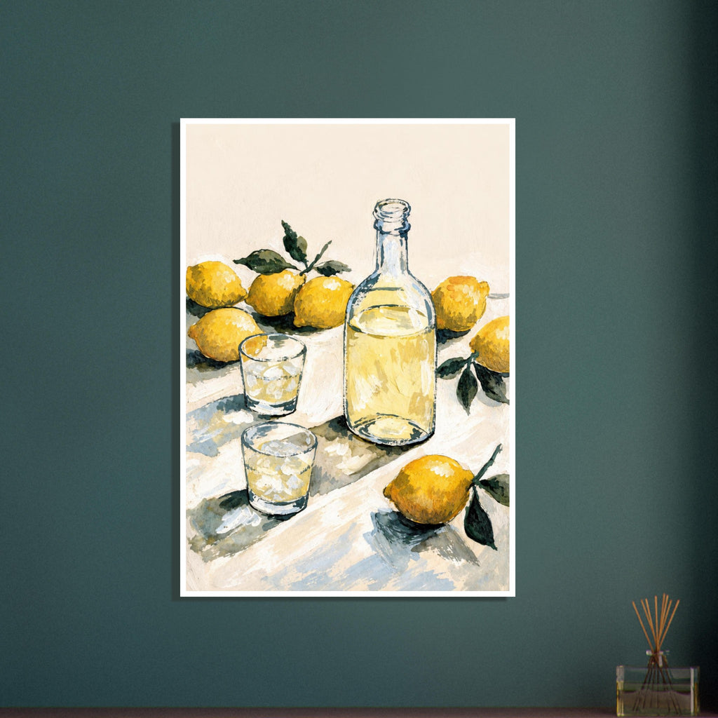 Yellow lemons with green leaves surround a glass bottle and two ice-filled tumblers on a cream tabletop.