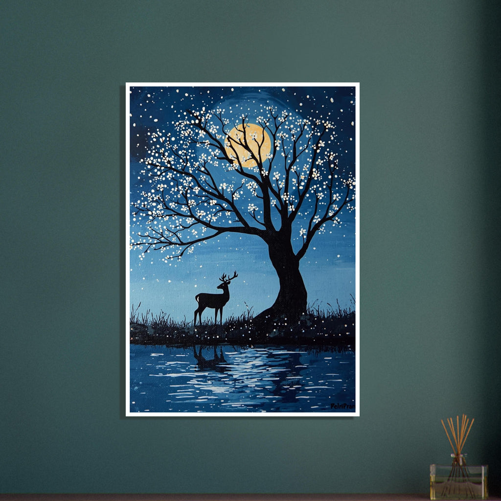 Deer beneath a black tree with white blossom-like dots, a yellow moon in a blue sky and reflections in water below.