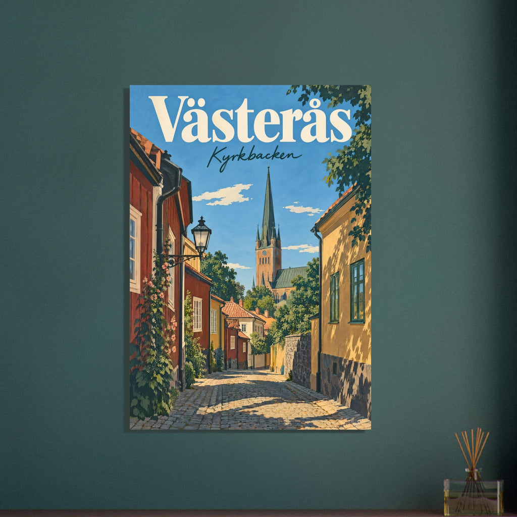 Västerås med en kullerstensgränd i Kyrkbacken, låga trähus, långa skuggor och domkyrkans spira.