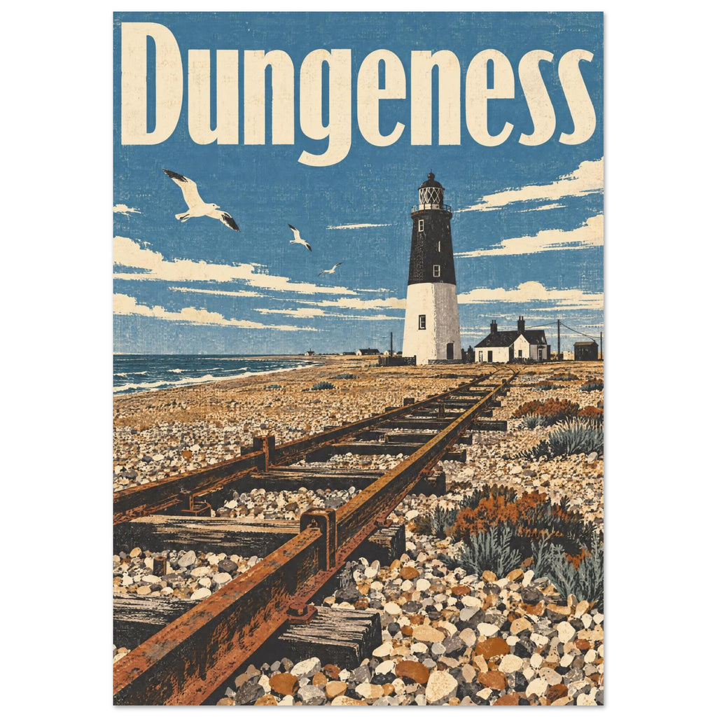 Dungeness lighthouse beside the sea, with railway tracks across shingle, flying gulls and large cream lettering above.