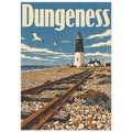 Dungeness lighthouse beside the sea, with railway tracks across shingle, flying gulls and large cream lettering above.