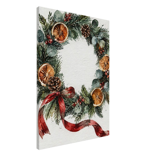 Watercolour wreath of evergreen foliage, eucalyptus, orange slices, pine cones and red berries with a trailing red bow.