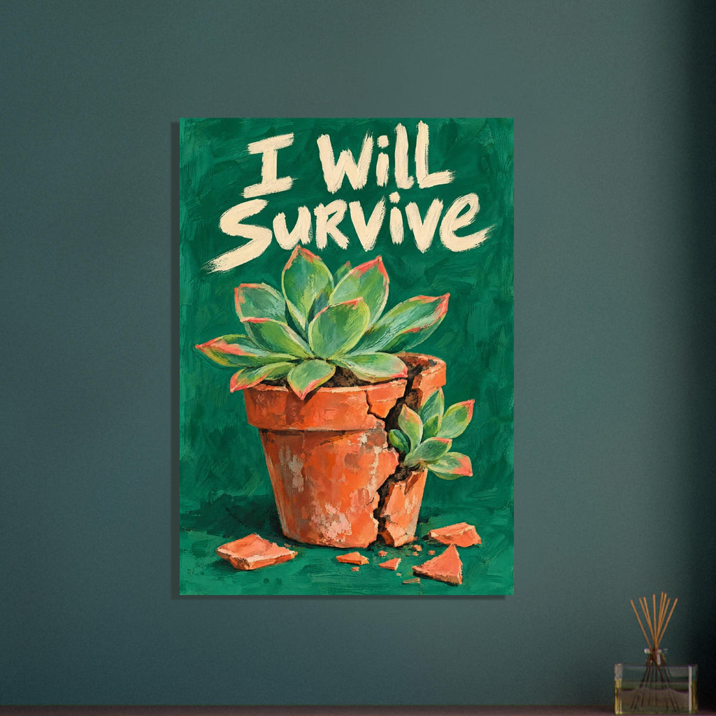 Succulents growing from a cracked terracotta pot beneath cream “I Will Survive” lettering on a textured green background.