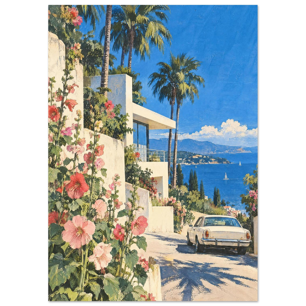 Pink hollyhocks beside a cream villa, with palm trees, a vintage car and a blue sea backed by distant mountains.