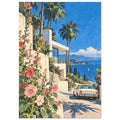 Pink hollyhocks beside a cream villa, with palm trees, a vintage car and a blue sea backed by distant mountains.