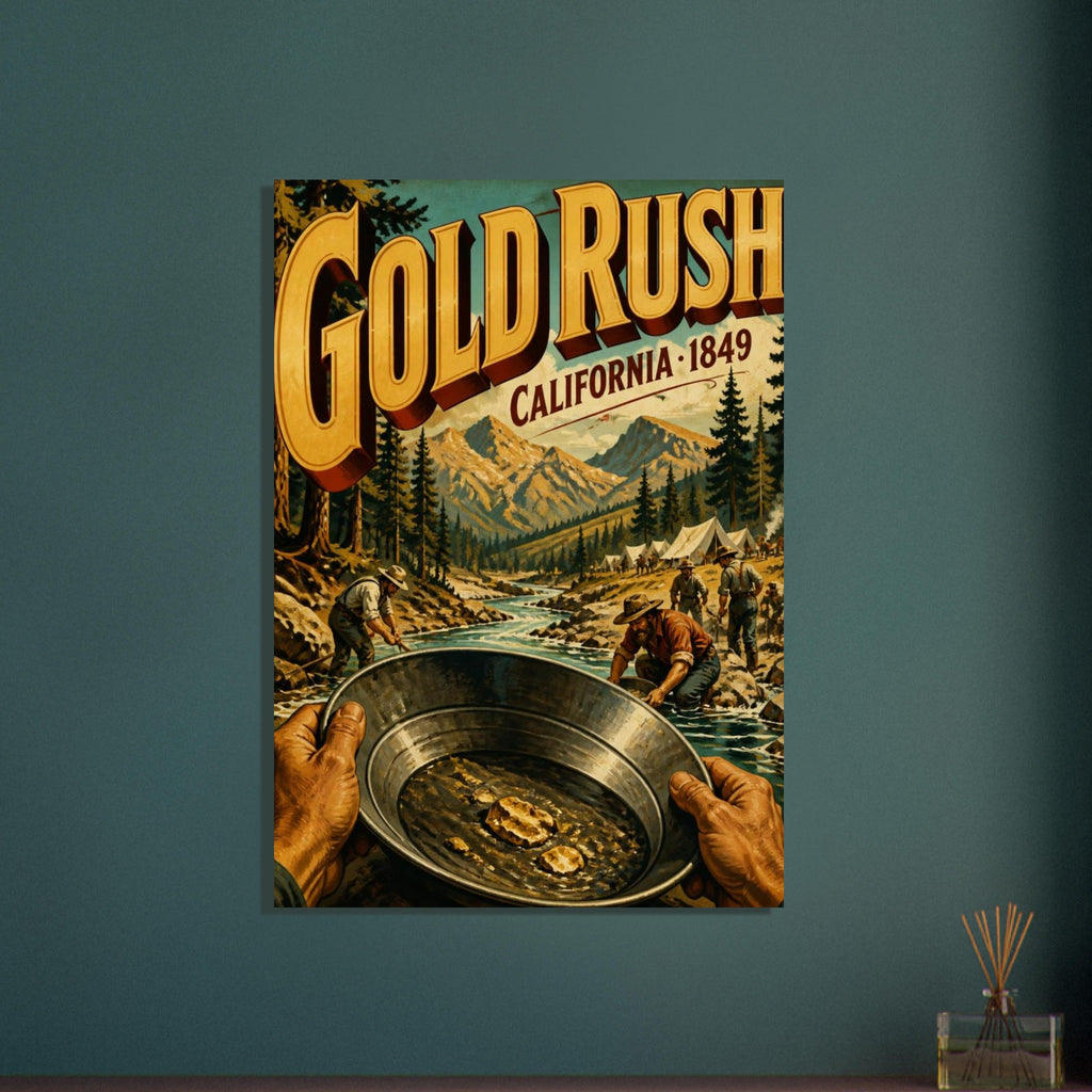 Gold Rush California 1849 lettering above prospectors, mountain scenery and hands holding a pan of gold nuggets.