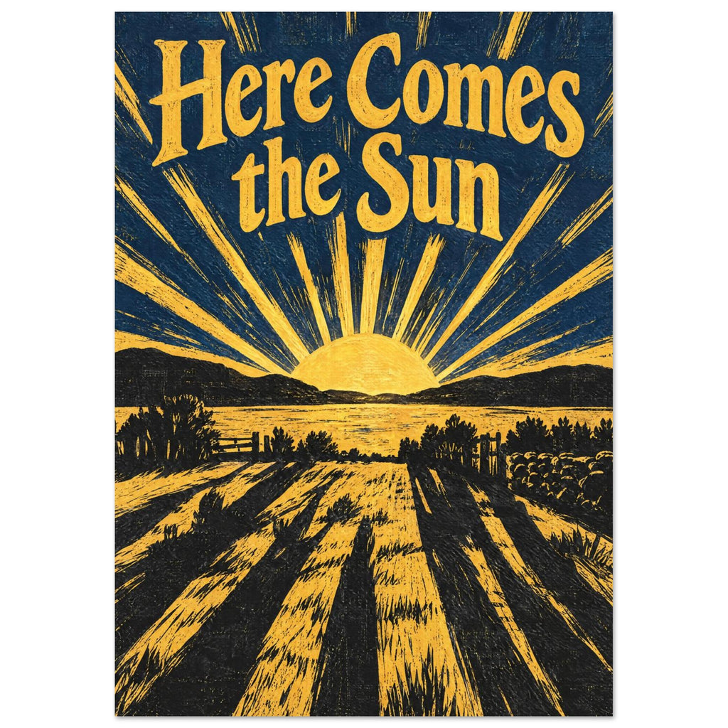 Here Comes the Sun lettering above a yellow sunburst, dark hills and water, with long shadows across the foreground.