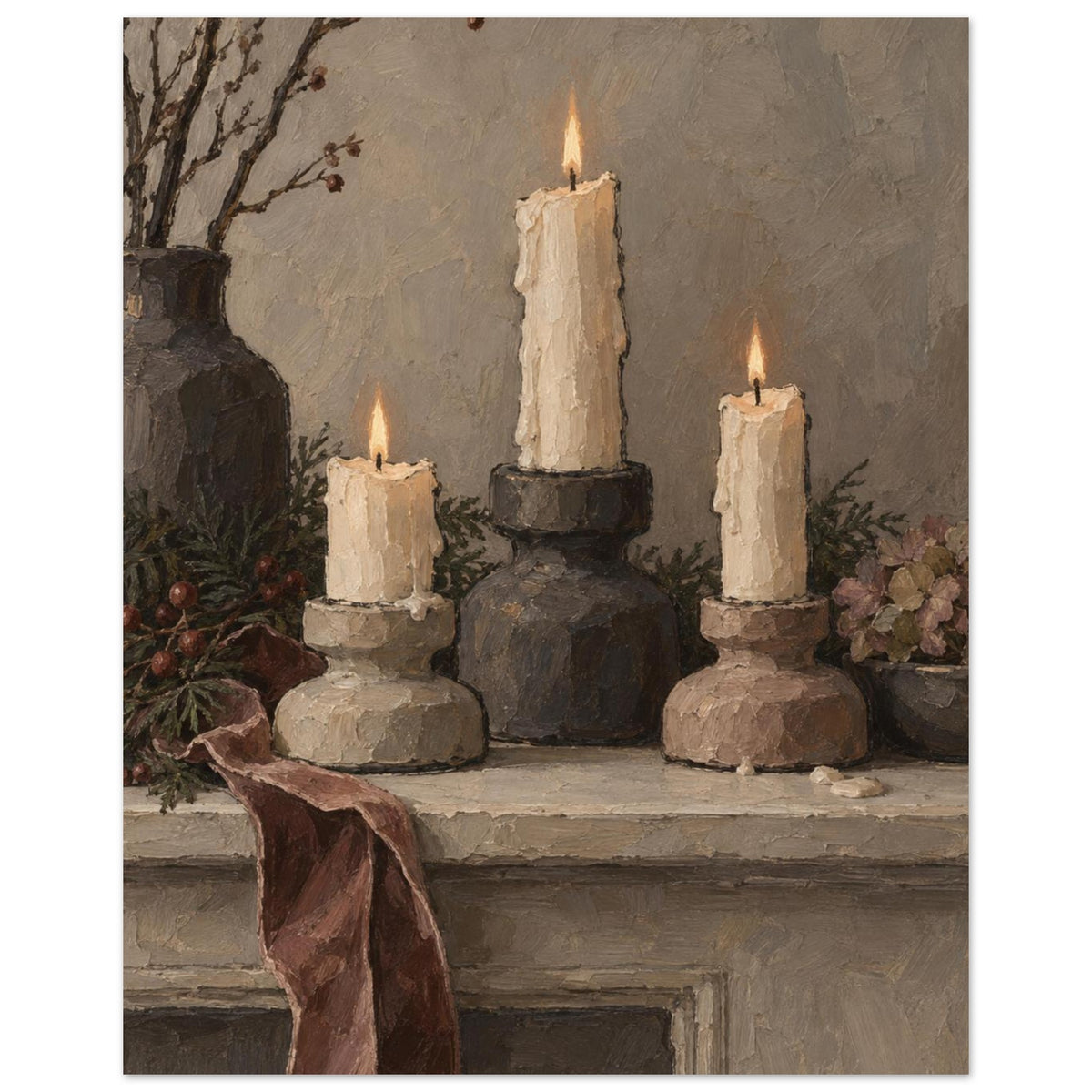 Quiet Christmas Candlelight shows three squat candleholders with uneven ivory candles and a velvet ribbon on a narrow neutral