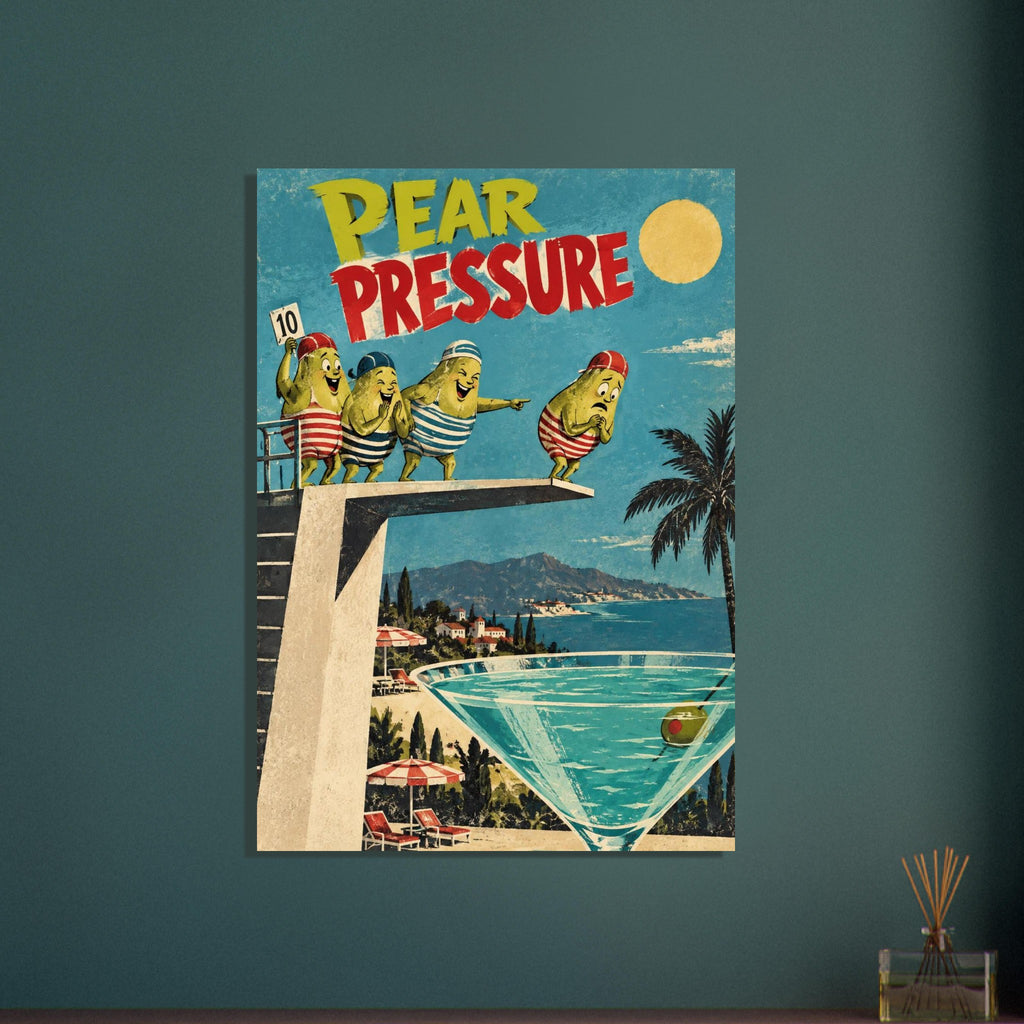 Pear Pressure retro art print showing four cartoon pears at a diving board above a giant martini-glass pool